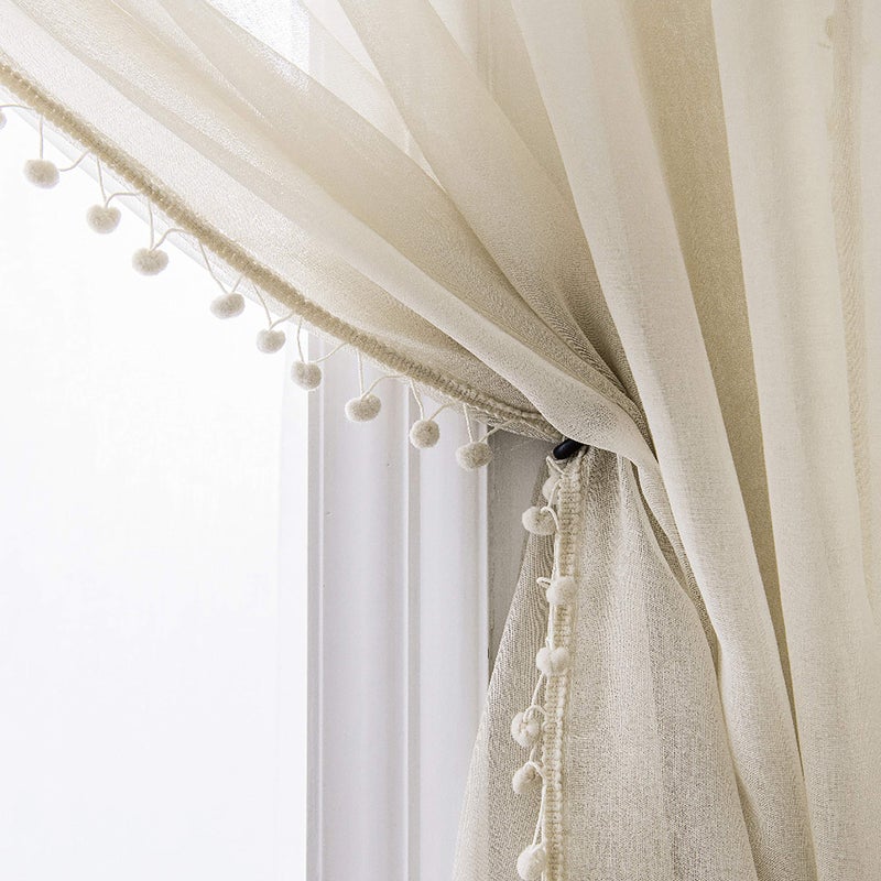 MISS SELECTEX Linen Look Pom Pom Tasseled Sheer Curtains - Rod Pocket Voile Semi-Sheer Curtains for Living and Bedroom, Set of 2 Curtain Panels (52 x 63 inch, Nature) - Image 1